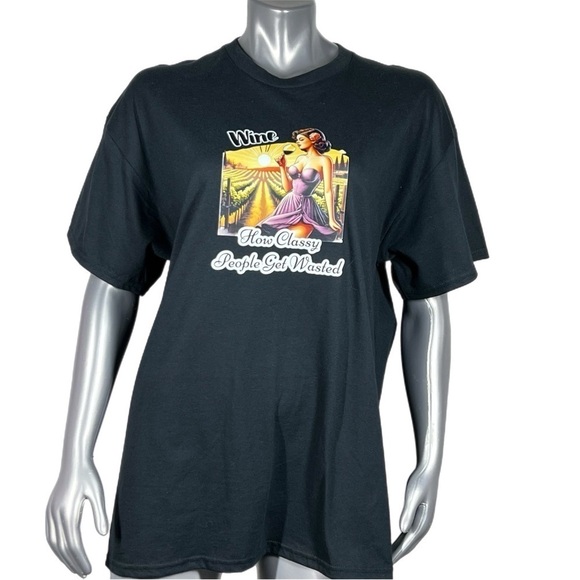Black Short Sleeve Graphic Print T WINE, HOW CLASSY PEOPLE GET DRINK Shirt - Picture 2 of 9